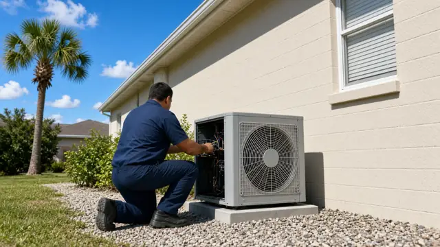 Technician servicing an outdoor AC condenser beside a Florida block home in Pinellas Park