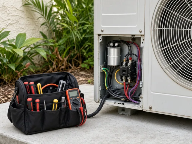 Outdoor AC condenser with its service panel open showing the capacitor and contactor, with a technician's tool bag and multimeter beside it