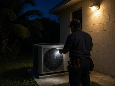 Technician checking an outdoor AC unit at night with a flashlight