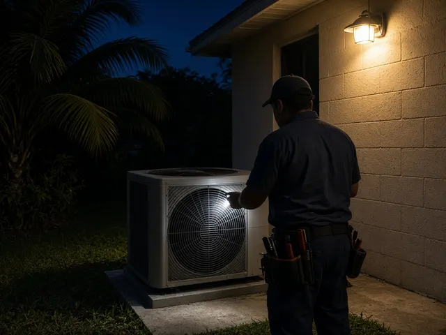 Technician checking an outdoor AC unit at night with a flashlight