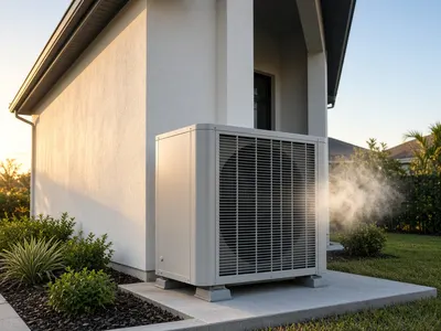 Outdoor heat pump unit beside a Florida home on a cool morning