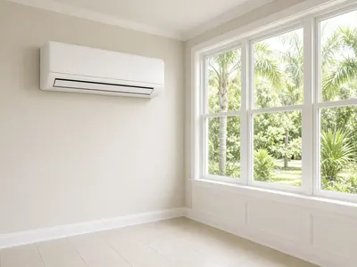 Ductless mini split mounted on the wall of a bright room