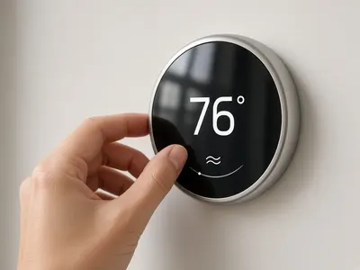 Hand adjusting a smart thermostat set to 76 degrees
