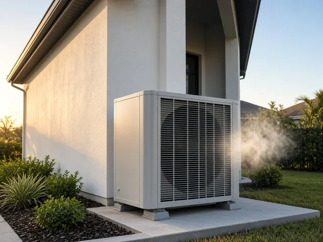 Outdoor heat pump unit beside a Florida home on a cool morning
