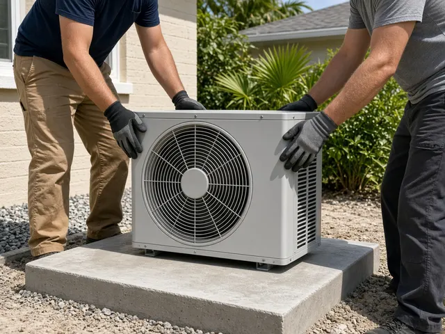 Two technicians setting a new outdoor AC condenser on its pad
