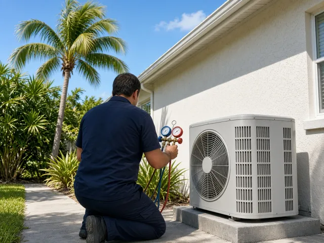 Technician checking refrigerant pressures at an outdoor AC unit beside a Florida stucco home